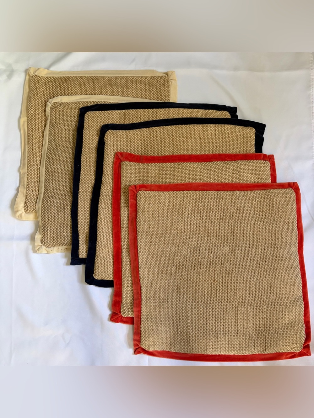 Throw Pillow Covers Natural Jute with Velvet Trim- Set of 6 Coordinating